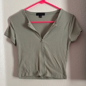 Bardot Olive Ribbed Zip-Front Crop Top